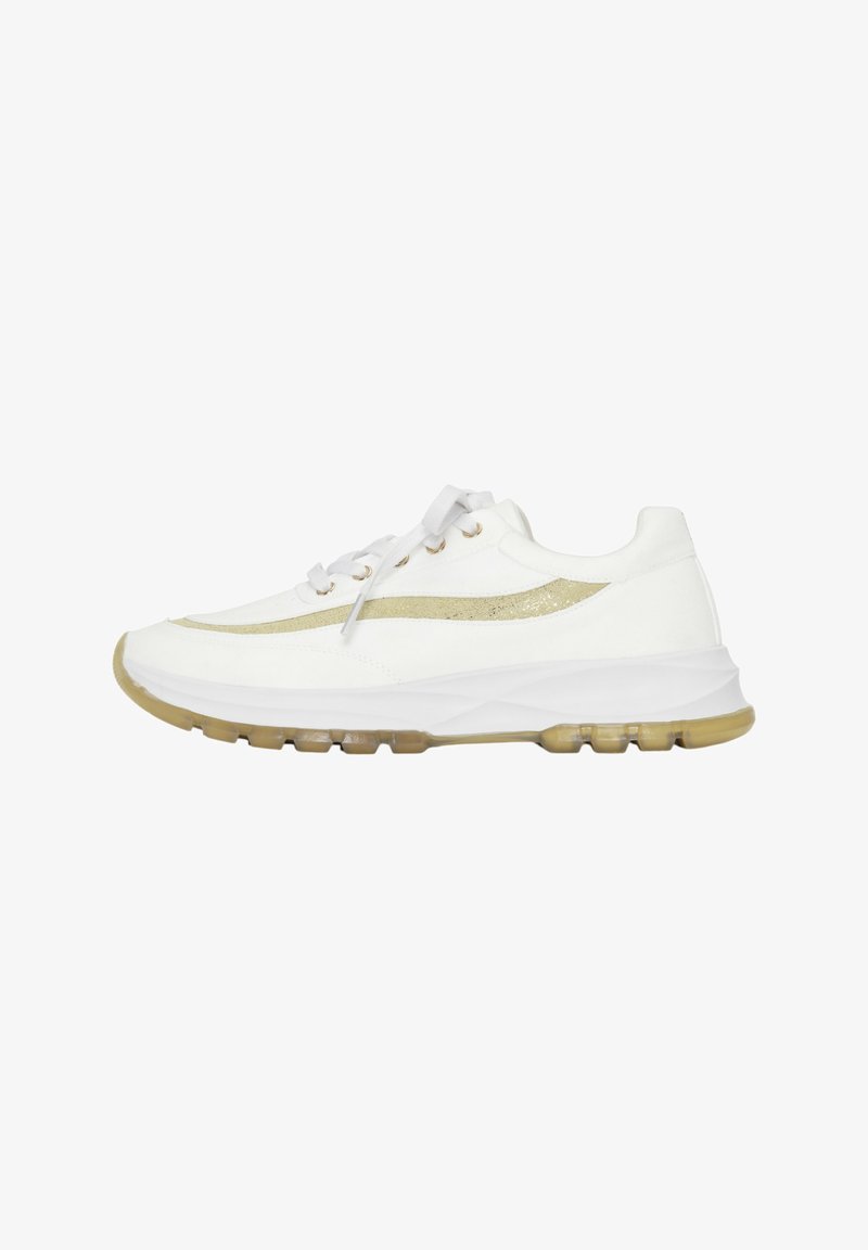 White athletic sneakers with gold glitter accents, textured upper, padded collar, and a translucent rubber outsole featuring a wave pattern.