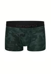 Boxer da uomo in tonalità verde scuro a motivo mimetico. Realizzati in tessuto morbido con un elastico nero in vita che presenta il nome del marchio "camano."