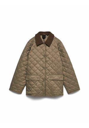 Gewatteerd olijfgroen jack met een bruine corduroy kraag. Voorzien van twee voorzakken en drukknopen; ontworpen voor warmte en comfort.