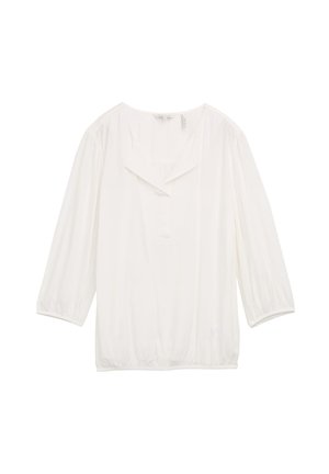 Blouse blanche à manches longues avec un col en V, devant plissé et ourlet froncé. Conçue en tissu léger avec une texture lisse.