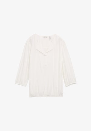 Biela blúzka s dlhým rukávom a výstrihom do V, s prekladaným predným dielom a zhrnutým lemom. Vyrobená z ľahkej textílie s hladkým povrchom.