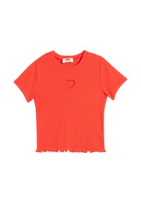 Rotes, geripptes T-Shirt mit kurzen Ärmeln, runder Ausschnitt und einem kleinen Herz-Ausschnitt auf der Brust. Verfügt über einen Rüschensaum am unteren Ende.