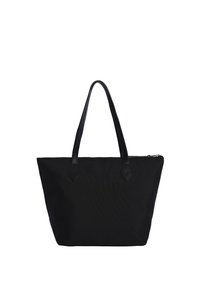 Bolso tote negro fabricado en tejido texturizado con asas de cuero negro y cierre de cremallera. Presenta un interior espacioso y un diseño minimalista.