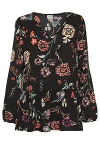 Schwarze Bluse mit langen Ärmeln und floralem Muster. Sie hat einen V-Ausschnitt, einen gerafften Saum und mehrfarbige Blumenmuster in Rosa, Lila und Orange.