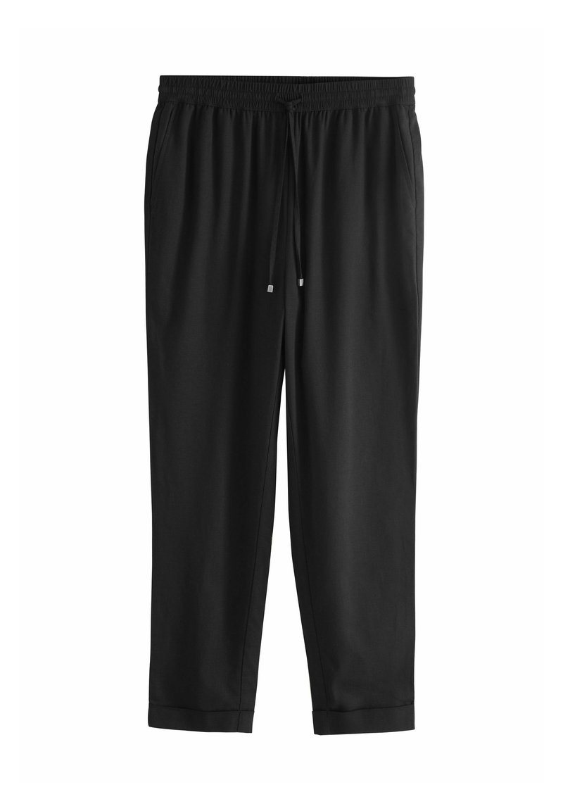 Črne športne hlače iz lahkega materiala z elastičnim pasom, zategovalnim trakom in manšetami na nogavicah.