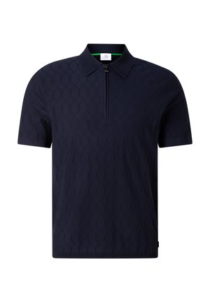 Μπλε ναυτικό κοντομάνικο πόλο με υφή γεωμετρικού μοτίβου και μικρό φερμουάρ στο γιακά.
