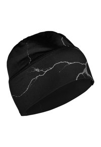 Black sport hat made of stretchy fabric featuring a grey marbled pattern. Designed with a snug fit and smooth texture.