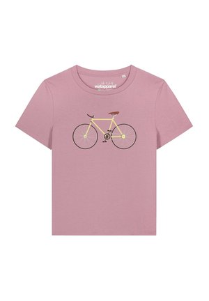Staubig rosa Kurzarm-T-Shirt mit einer einfachen gelben Fahrrad-Grafik in der Mitte, featuring braunen Sattel und schwarzen Lenker.