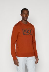 Trikotaža v žgano oranžni barvi z črnim logotipom "SKI". Ohlapen kroj z okroglim izrezom in rebrastimi manšeti, narejena iz mehkega materiala.