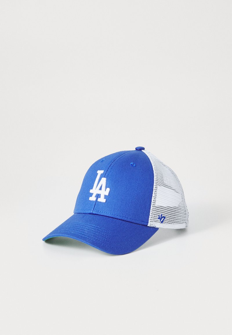Blaue und weiße Baseballmütze mit einer einfarbigen blauen Vorderseite, weißem Netzrücken, gebogenem Schirm und weißem "LA"-Logo auf der Vorderseite.