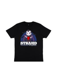 Černé bavlněné tričko s barevným grafikou stylizované postavy upíra, obklopené netopýry, s tučným bílým textem "STRADH".