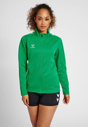 Giacca sportiva verde con zip frontale, colletto alto e logo. Presenta maniche lunghe e pantaloni corti neri con dettagli a zigzag bianchi.