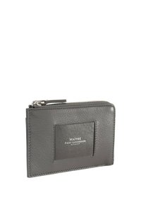 Gray leather wallet with a textured surface, featuring a front slot and a zip closure. The brand logo is embossed on the front.
