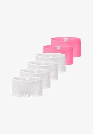 Five pairs of shorts: three in pink and two in white with pink polka dots. Cotton material, elastic waistband, mid-thigh length.