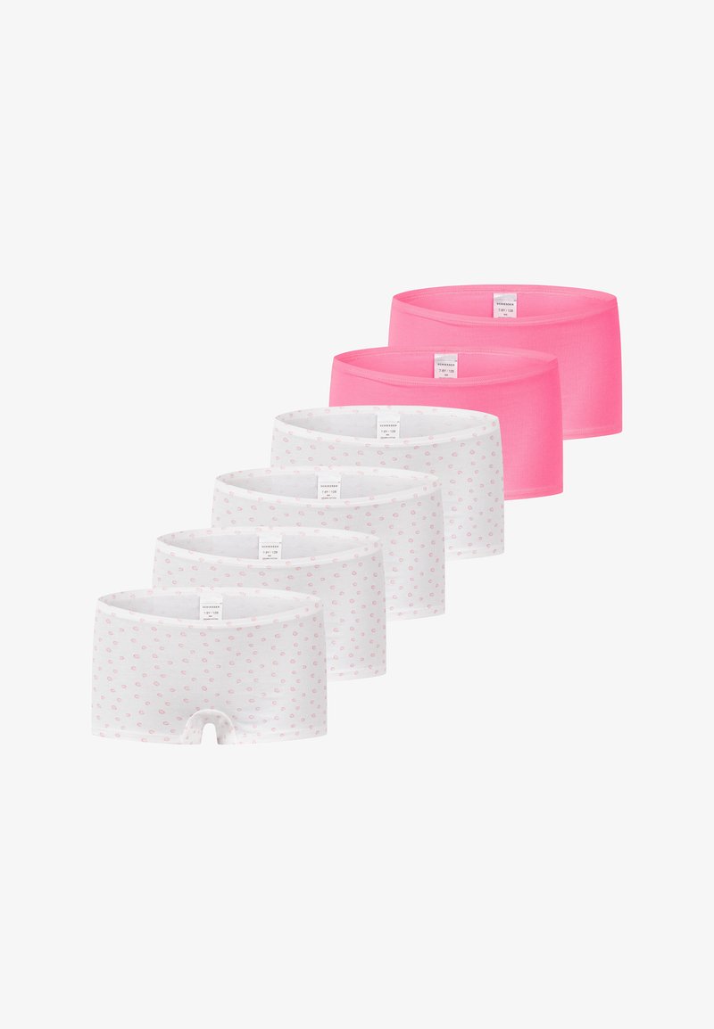 Cinque paia di pantaloni corti: tre rosa e due bianchi con pois rosa. Materiale in cotone, vita elastica, lunghezza a metà coscia.