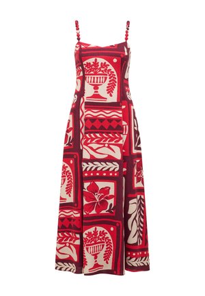 Rode en crèmekleurige maxi-jurk met bloemen- en vaaspatronen, verstelbare bandjes met kleurrijke kralen, en een ontspannen silhouet.