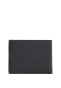 Portefeuille en cuir noir avec une texture lisse, de forme rectangulaire et des bords cousus. Aucun logo ou motif visible. Design compact et minimaliste.