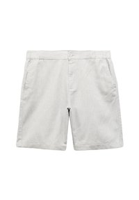 Lichtgrijze katoenen casual shorts met knoopsluiting, voorzakken en gedeelten met elastische tailleband op een witte achtergrond.