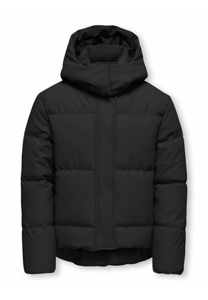 Svart vadderad jacka med huva, med rak passform, quiltad struktur och en framslutning utan synliga knäppningar.