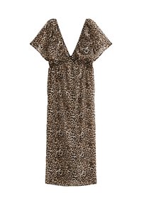 Leopardprint jurk gemaakt van doorzichtig, lichtgewicht materiaal. Heeft een diepe V-hals, korte mouwen en een gathered taille voor een relaxte pasvorm.