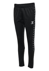 Sorte atletikbukser med en tekstureret finish, der har et sort og gråt chevronmønster langs siden og en elastisk talje.