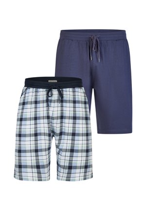 Zwei Paar Herrenshorts mit Kordelzug: ein einfarbiges in Marineblau, ein weißes mit schwarz-grünem Karomuster.