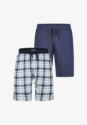 Two pairs of men's drawstring shorts: one navy solid, one white with black and green plaid pattern.