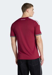 Rød sports T-shirt med korte ærmer, hvide og grønne detaljer på ærmerne, glat tekstur og et logo på den øvre del af ryggen. Stylet med mørke bukser.