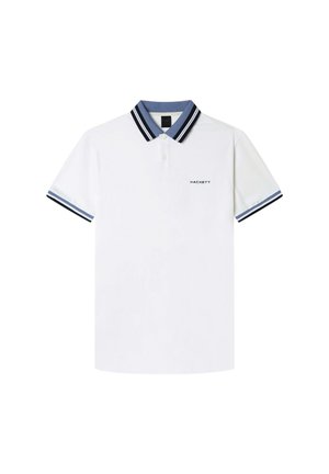 White polo shirt with short sleeves, blue and black striped collar, embroidered "HACKETT" logo on the chest, made from cotton material.