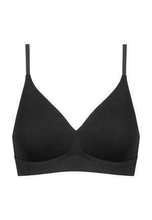 Black wireless bra with a smooth texture, triangular cups, thin adjustable straps, a seamless design, and a V-shaped center gore.