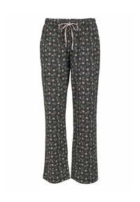 Donkergrijze pyjamabroek met een overal patroon van lichtroze sterren en cartooneske gezichten. Elastiche tailleband met trekkoord voor aanpassing.