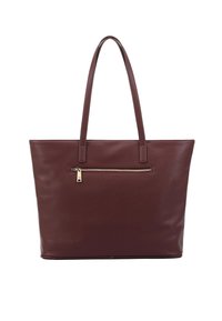 Borsa tote in pelle marrone con due manici lunghi. Dotata di una tasca anteriore con zip e hardware dorato, presenta una superficie liscia e testurizzata.