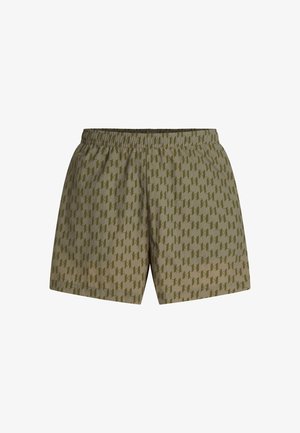Olijfgroene shorts met een geometrisch patroon in donkergroen, elastische tailleband en een ontspannen pasvorm. Zacht materiaal met een gladde textuur.