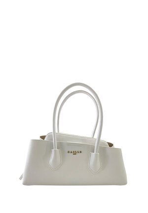 Borsa a spalla in pelle bianca con doppi manici e logo "GAELLE" dorato sul davanti, caratterizzata da una forma rettangolare strutturata.