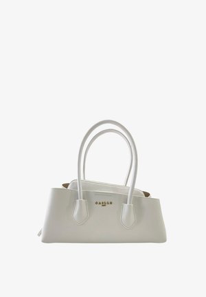 Borsa a spalla in pelle bianca con doppi manici e logo "GAELLE" dorato sul davanti, caratterizzata da una forma rettangolare strutturata.