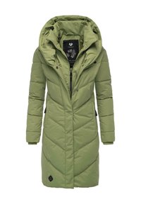 Green insulated parka with a hood, featuring a quilted pattern, front zipper, side pockets, and a logo patch at the hem.