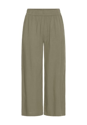 Pantalon vert olive à coupe décontractée avec ceinture élastique et jambes larges, adapté pour une tenue décontractée ou pour se détendre.