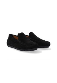 Sorte ruskindsloafers med en blød tekstur, rund tådesign og dekorative stichinger; har en gummisål for godt greb og fleksibilitet.