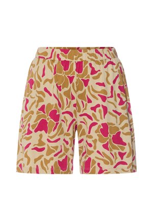 Béžové šortky s elastickým pasem, zdobené abstraktním vzorem růžových a hnědých organických tvarů, délka po kolena, ležérní styl.