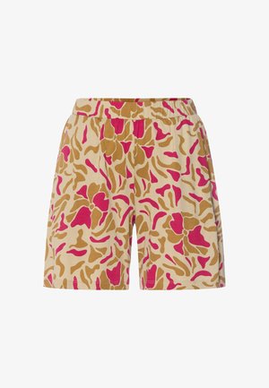 Béžové šortky s elastickým pasem, zdobené abstraktním vzorem růžových a hnědých organických tvarů, délka po kolena, ležérní styl.