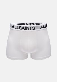 Vita bomullsboxerhorts med en svart och vit resårmidja som har "ALLSAINTS"-loggan. Slät textur, figurnära design, längd till mitten av låret.