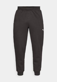 Graue Jogginghose aus weichem Material, mit einem elastischen Taillenbund, gerippten Bündchen und einem kleinen weißen Logo am oberen linken Bein.