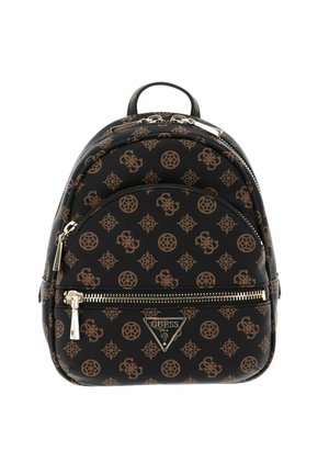Black faux leather backpack with brown logo pattern, rounded shape, top handle, and front zip pocket. Features silver-tone hardware.