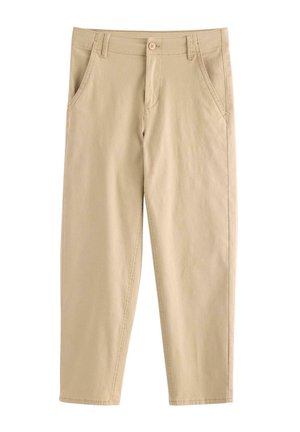 Beige bukser med lige ben, forlommer, knaplukning og bæltestropper, lavet af letvægtsstof.