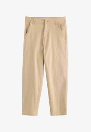 Beige bukser med lige ben, forlommer, knaplukning og bæltestropper, lavet af letvægtsstof.