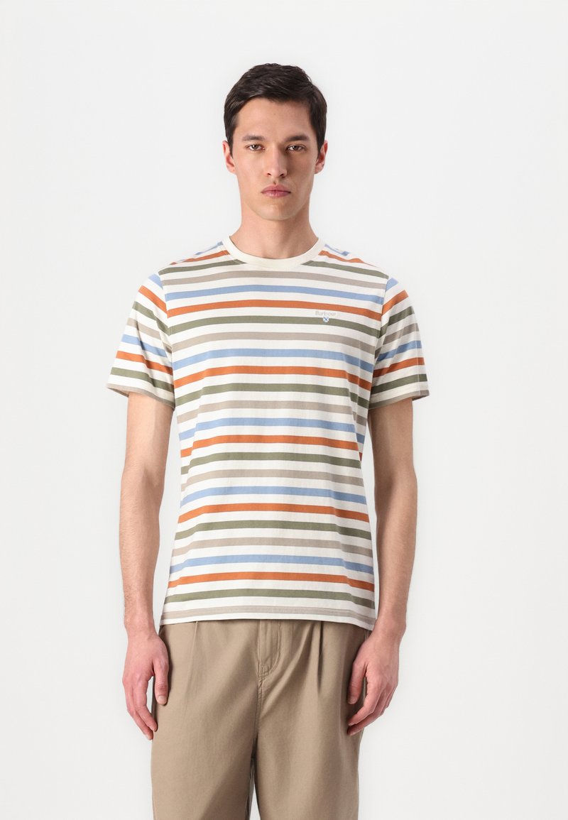 Striped short-sleeve t-shirt in cotton. Features alternating colors: white, olive, orange, blue, and tan. Logo on the left chest.