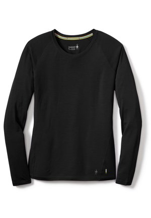 Black long-sleeve shirt with a round neckline, raglan sleeves, and a smooth texture. Features colorful accents at the collar and hem.