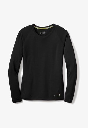 Schwarzes Langarmshirt mit rundem Ausschnitt, Raglanärmeln und einer glatten Textur. Verfügt über bunte Akzente am Kragen und Saum.