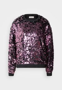 Sudadera de lentejuelas en tonos de púrpura y negro. Presenta un cuello redondo y puños negros. Textura brillante con un brillo uniforme.