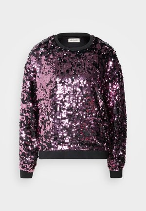 Piedurkņu džemperis ar sekvīnēm purpura un melnā krāsā. Iespējas ar apaļu dekoltē un melnā krāsā piedurknēm. Spilgta tekstūra ar vienmērīgu spīdumu.